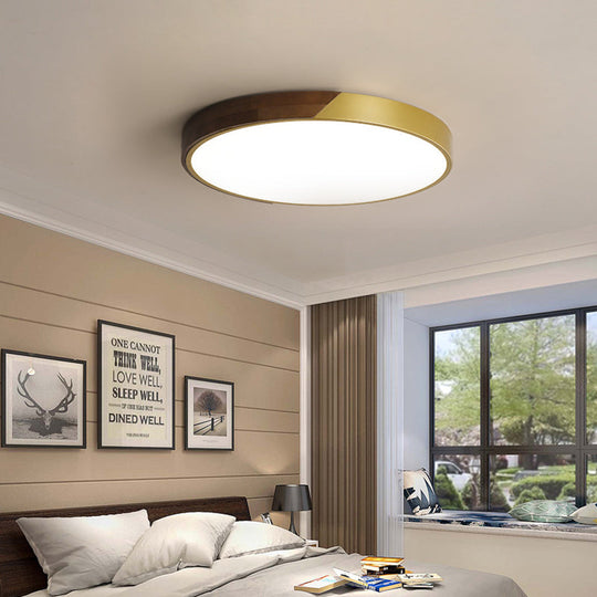 12 - 19.5 Simple Metal & Wood Led Round Flush Mount Ceiling Light Warm/White/Neutral Bedroom Gold /