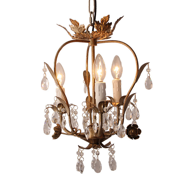 Country Style Caged Chandelier Light - Iron 3-Head Hanging Lamp with Crystal and Leaf Deco in Dark Rust