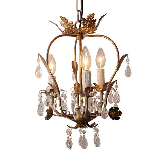 Country Style Caged Chandelier - Iron 3 Heads Pendant Lamp With Crystal And Leaf Deco In Dark Rust