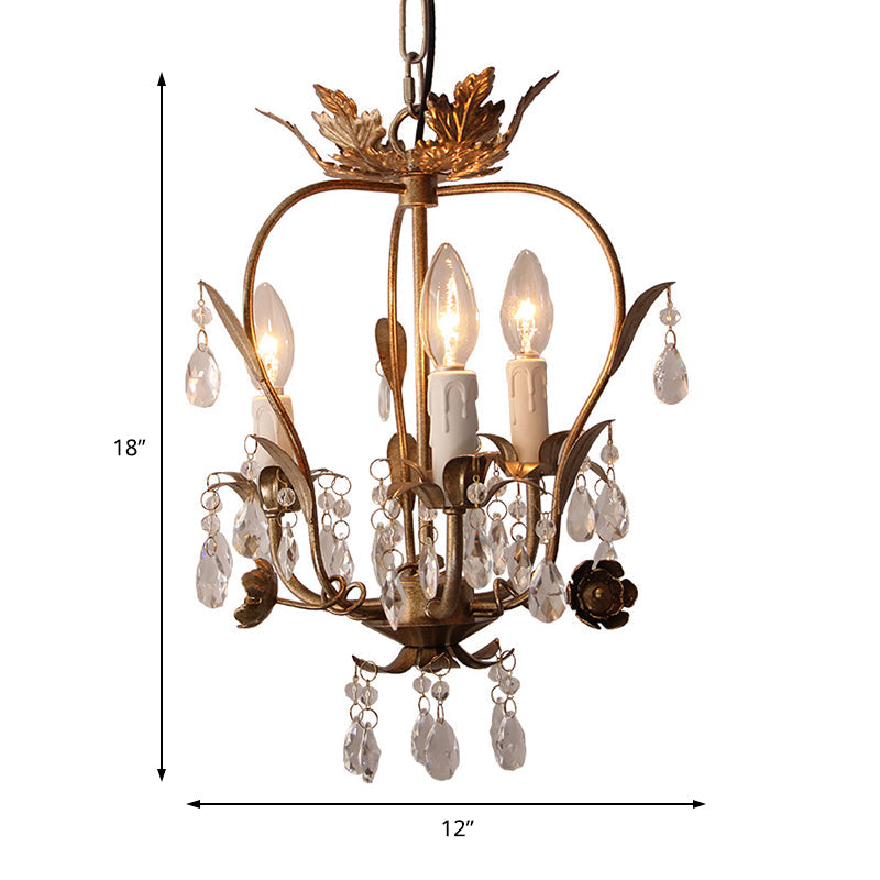 Country Style Caged Chandelier Light - Iron 3-Head Hanging Lamp with Crystal and Leaf Deco in Dark Rust