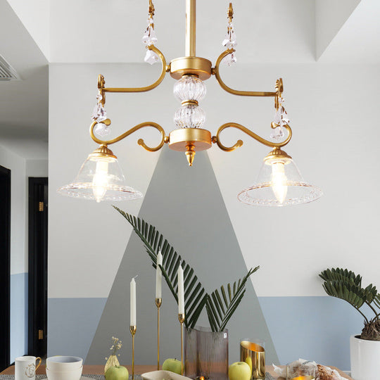 Clear Crystal Chandelier Light Fixture - Modern Bell Shade Hanging Lamp With 2 Bulbs In Gold For
