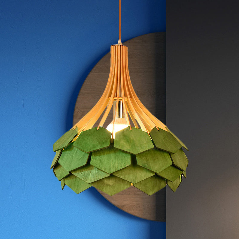 Modern Wood Pine Cone Pendant Lamp - Red/Blue 1-Bulb Hanging Light Fixture for Dining Room