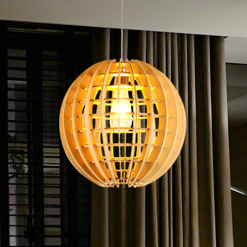 Asian Style Wooden Globe Pendant Light - Natural Wood Suspension Lamp For Dining Room Décor