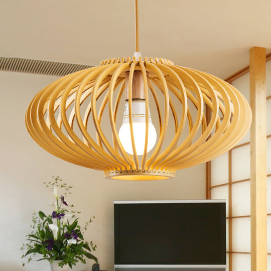 Contemporary Wooden Lantern Pendant Light In Beige For Living Room
