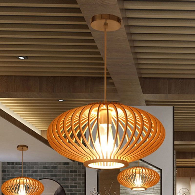 Contemporary Wooden Lantern Pendant Light In Beige For Living Room