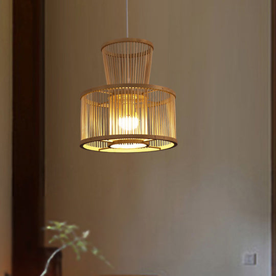 Countryside Bamboo 2-Tier Drum Hanging Light - 1 Beige Pendant Ceiling For Bedroom