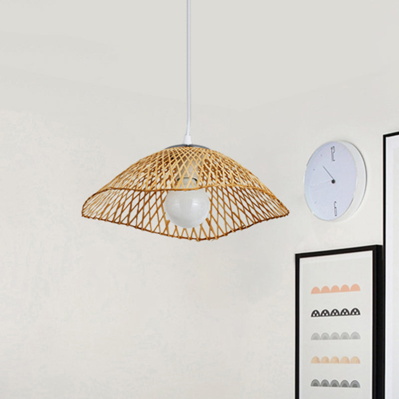 Hand-Knitted Bamboo Pendant Light - Asian Style 1 Head Beige Hanging Lamp For Living Room 14/18 W