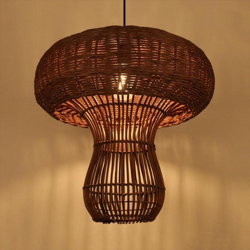 1-Light Asian Style Hallway Hanging Pendant Light With Rattan Mushroom Shade - Brown/Beige