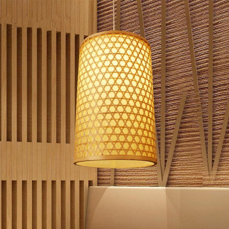 Modern Bamboo Pendant Lamp For Dining Room - Cylindrical Hanging Ceiling Light 1 Head Beige