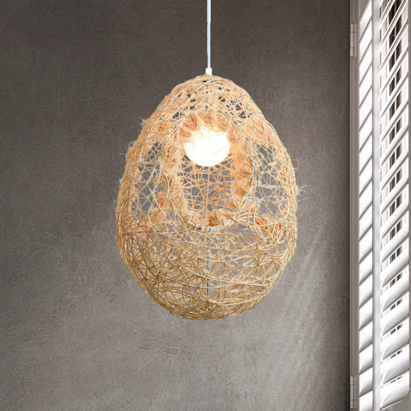 Rustic Rattan Egg Pendant Light For Restaurants - Single Bulb Hanging Lamp In Beige