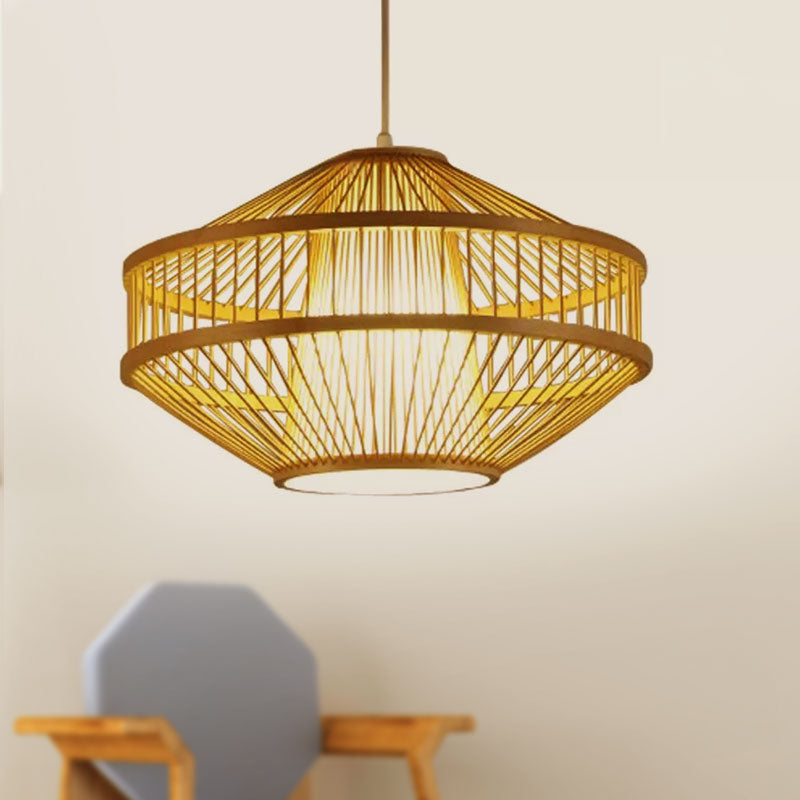 Modernist Style Hanging Lamp: 1 Light Pendant With Bamboo Shade - Beige Open-Weave Suspension Design