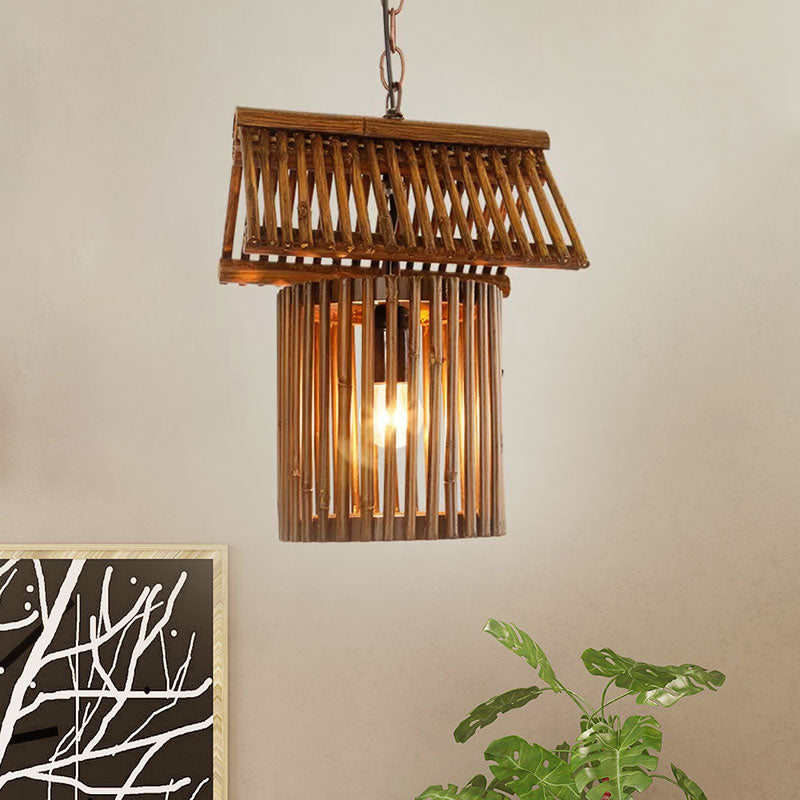 Rustic Bamboo House Shape Pendant Light - 1-Light Brown Hanging Ceiling For Living Room