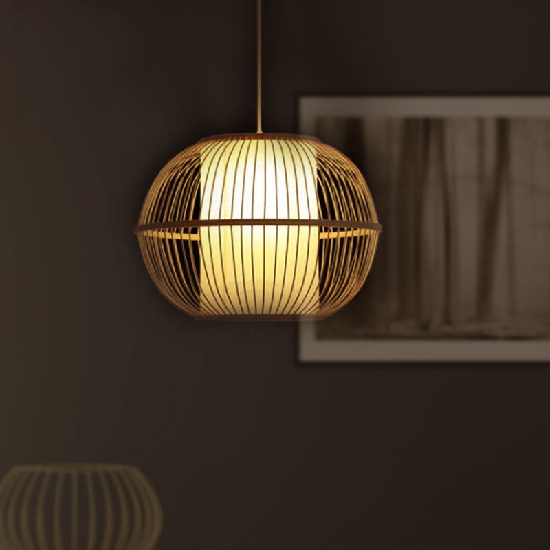 Handmade Asian Style Bamboo Hanging Light Fixture - 12/14 Width 1-Light Beige Suspended Lamp With