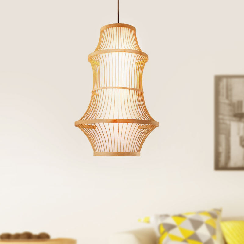 Modernist Beige Pendant Lamp With Bamboo Cage-Like Shade - 1 Light Restaurant Hanging