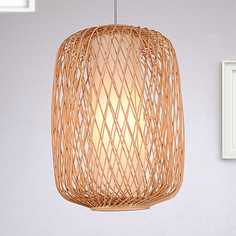 Stylish Asian Hand-Knitted Bamboo Pendant Lamp - Beige Shade 1 Light Living Room Lighting