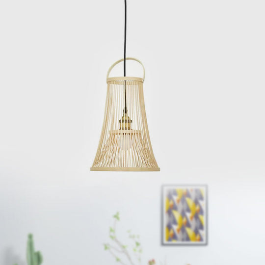 Asian Style Bamboo Trumpet Pendant Light With Arched Handle - Beige 1-Bulb Ceiling Hang Lamp