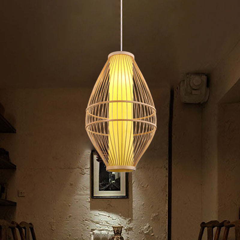 Hand-Woven Beige Hanging Light: Asian Style 1-Light Bamboo Pendant Lamp