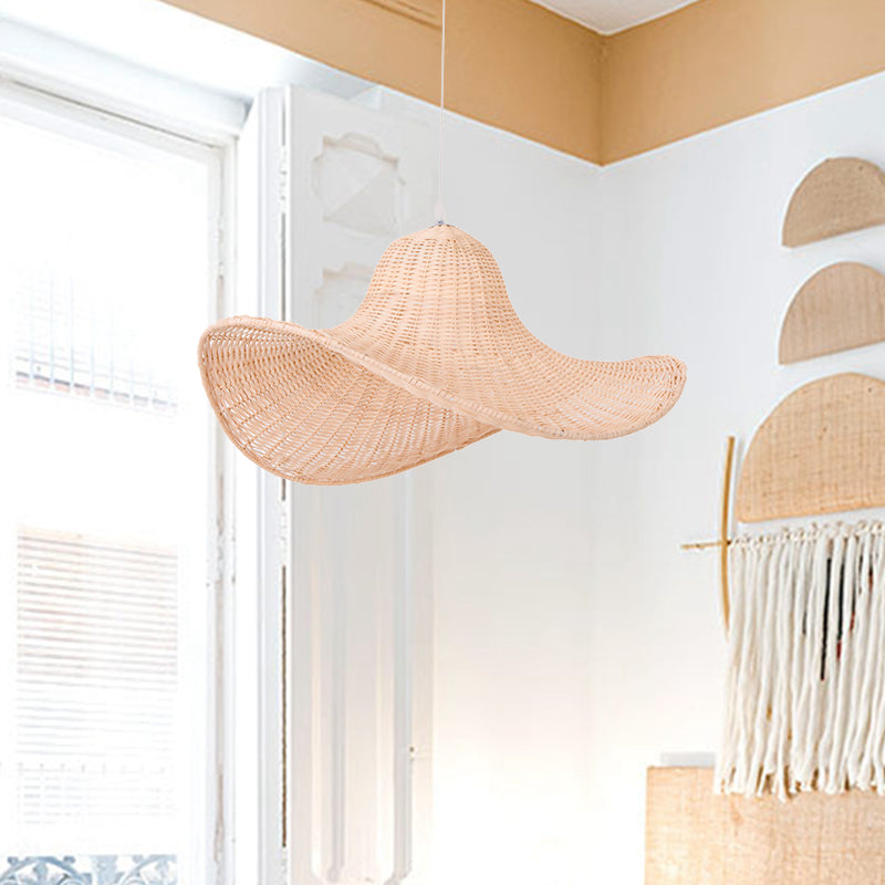 South-East 1-Bulb Hanging Pendant - 16/19.5 Long Rattan Beige Straw Hat Design For Restaurant Tea