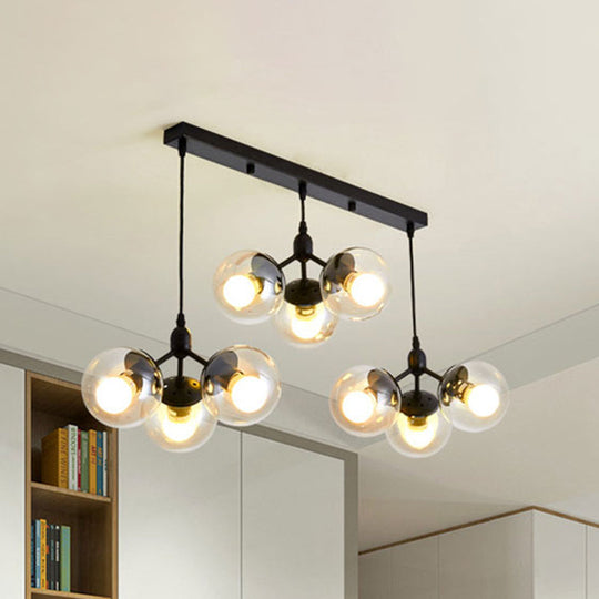 Modern Black Clear Glass Round Cluster Hanging Ceiling Lamp with Linear Design - Multiple Lights