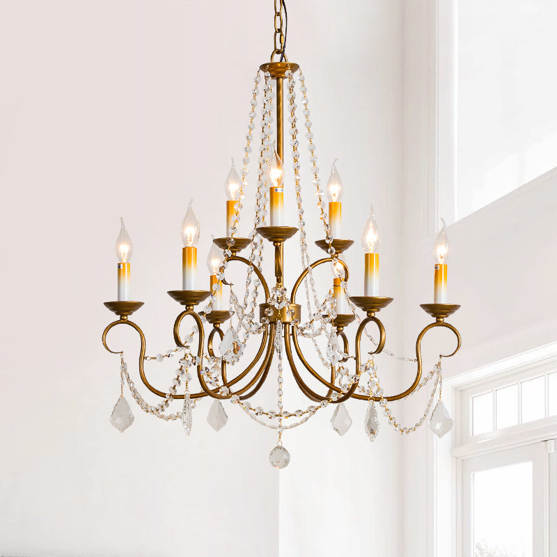 Vintage Brass Chandelier Pendant Light - Crystal Beaded Strand - 6/9 Lights - Bare Bulb Hanging Pendant