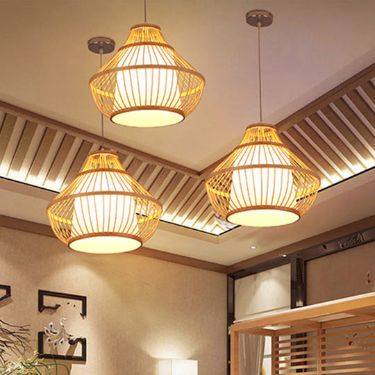 Asian Bamboo Ceiling Drop Light With Single Head Dome Shade - Perfect For Dining Table