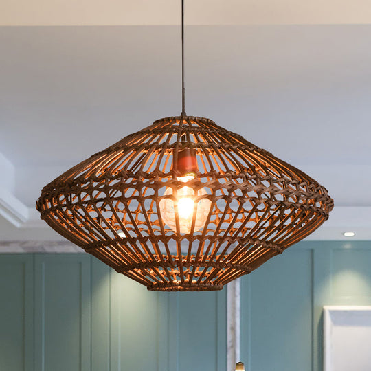 Rattan Disc Pendant Light - Asian Style Single Head Hanging Lamp In Brown