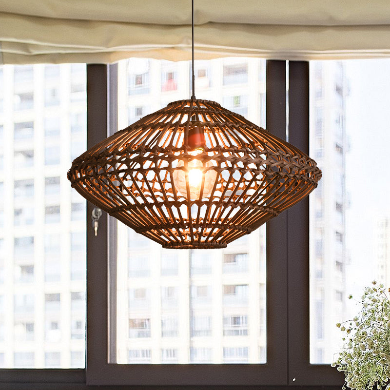 Rattan Disc Pendant Light - Asian Style Single Head Hanging Lamp In Brown