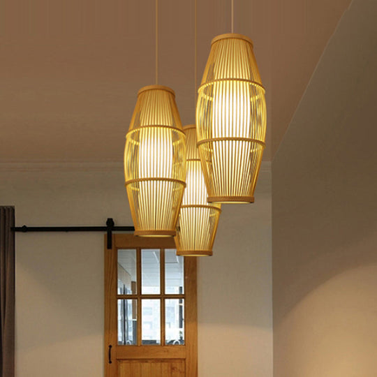 Handmade Bamboo Suspension Light: Asian Ellipse Shade For Restaurant Beige