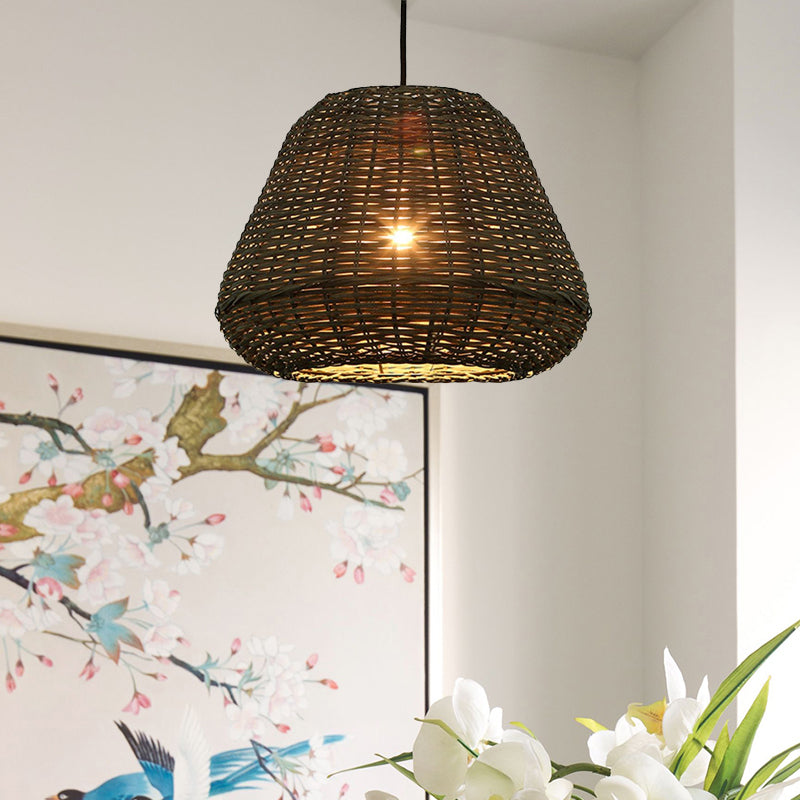 Handcrafted Rattan Bucket Pendant: Rustic Single-Head Brown Hanging Lamp For Restaurants
