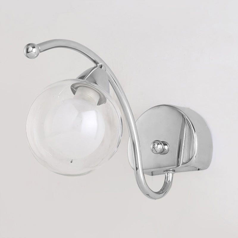Modern Clear Glass Wall Lamp With Led Light In Chrome - Bedroom Sconce Curved Arm