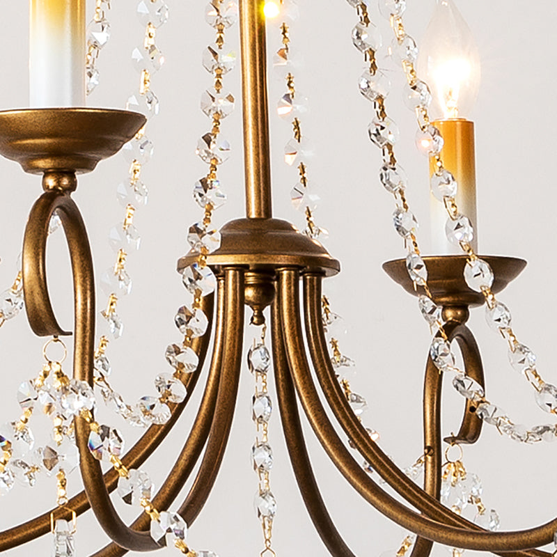 Vintage Brass Chandelier Pendant Light With Crystal Beaded Strand - 6/9 Lights Hanging