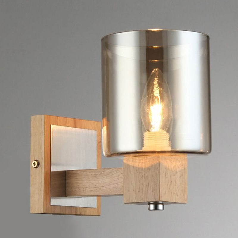 Vintage 1-Light Wall Mount Lamp With Smoke Glass Shade - Natural Wood Cylindrical Sconce Fixture