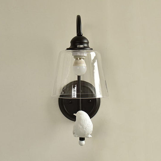 Modernist Clear Glass Cone Wall Lamp - 1 Light White/Black Flush Mount Sconce With White Bird