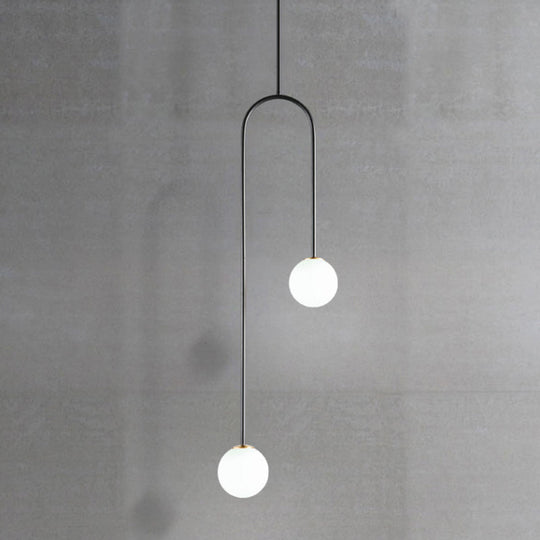 Black/Gold Ball Cluster Pendant Post-Modernist 2 Lights White Glass Led Ceiling Light Fixture with Bend Rod
