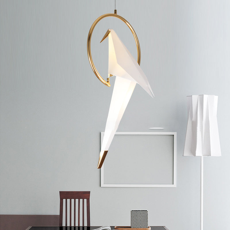 Modern LED Pendant Light with White Birdie Design, Metal Ring, and Warm/White Lighting