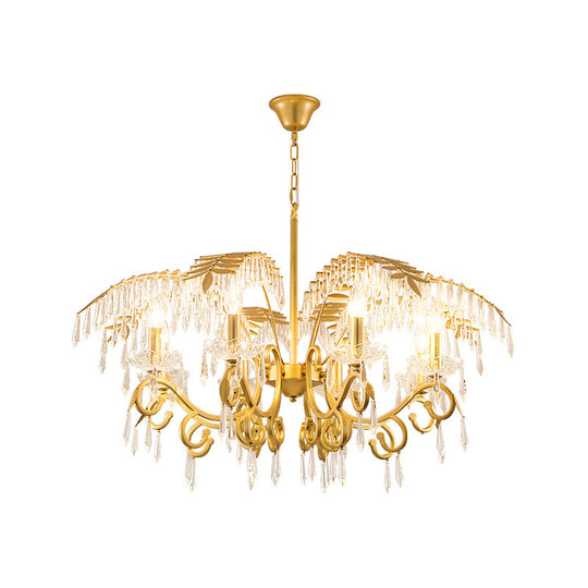 Vintage Style Branch Chandelier with Metal & Crystal Lights, Leaf Design in Gold