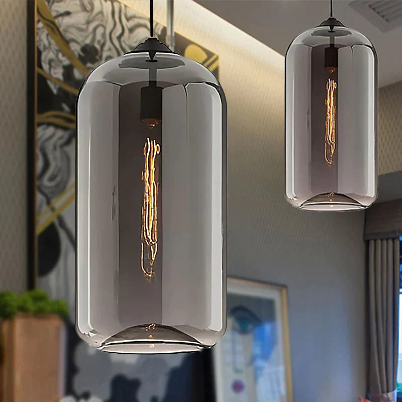 Contemporary Style Clear/Amber/Smoky Glass Cylindrical Pendant Light