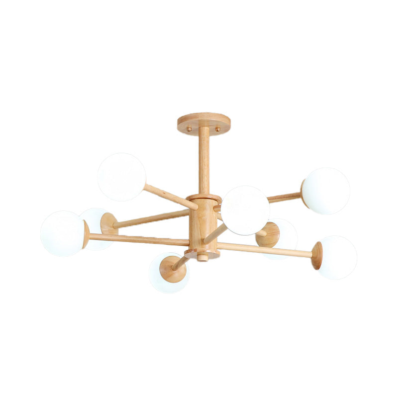 Contemporary Wooden Starburst Chandelier With White Glass Ball Shades - 6/8/12 Lights