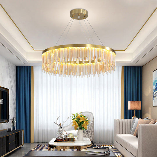 Modern Round Led Chandelier With Gold Finish & Crystal Prism Accents