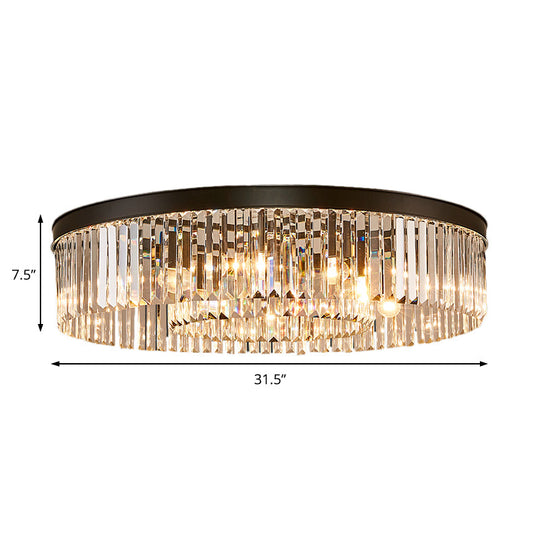 Vintage Circular Flush Mount Ceiling Lamp With Clear Crystal Prism In Black - 4/6/8 Lights