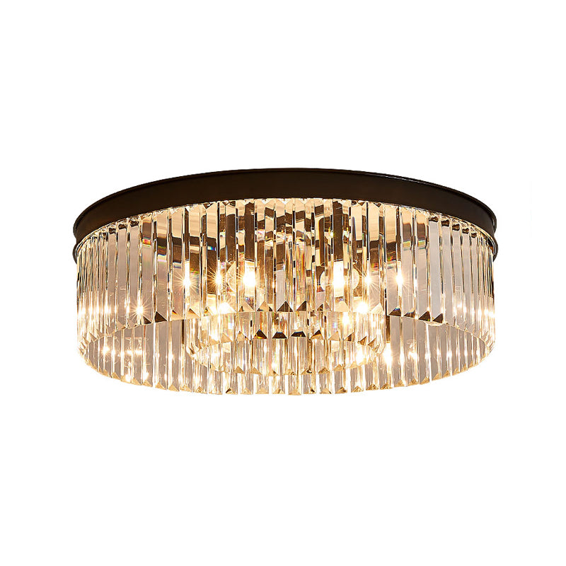 Vintage Circular Flush Mount Ceiling Lamp With Clear Crystal Prism In Black - 4/6/8 Lights