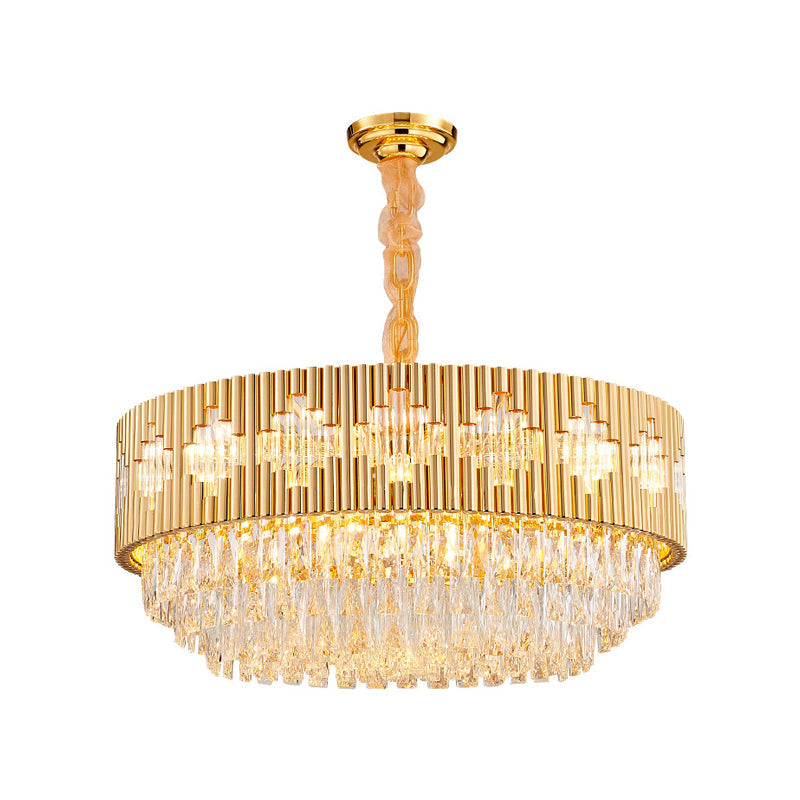 Vintage Circular Chandelier Pendant Light with Crystal Prism - Gold Metal