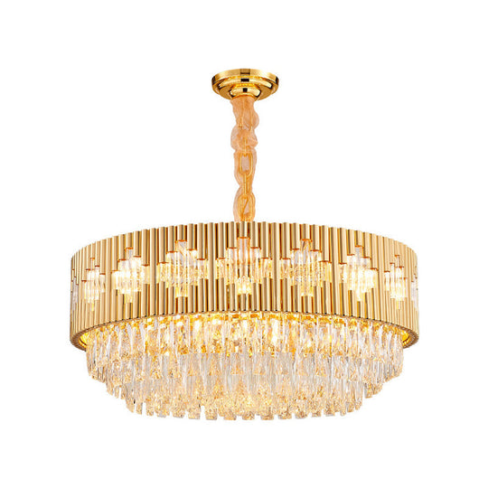 Vintage Metal Circular Chandelier Pendant Light With Crystal Prism In Gold