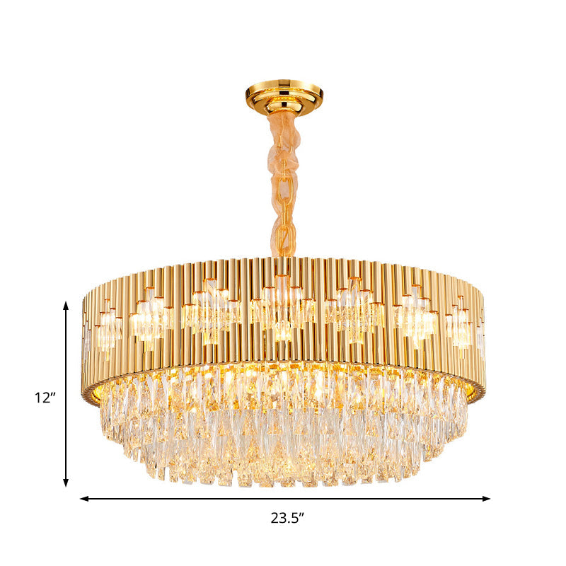 Vintage Metal Circular Chandelier Pendant Light With Crystal Prism In Gold