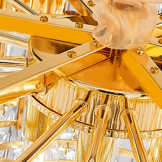 Vintage Circular Chandelier Pendant Light with Crystal Prism - Gold Metal