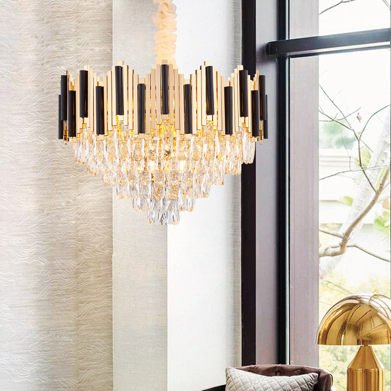 Contemporary Gold Multi Layer Ceiling Pendant Light with Crystal Prism - 6/10 Heads