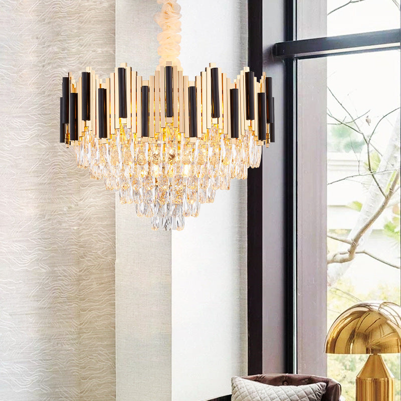 Contemporary Gold Multi Layer Pendant Light With Crystal Prism - 6/10 Heads