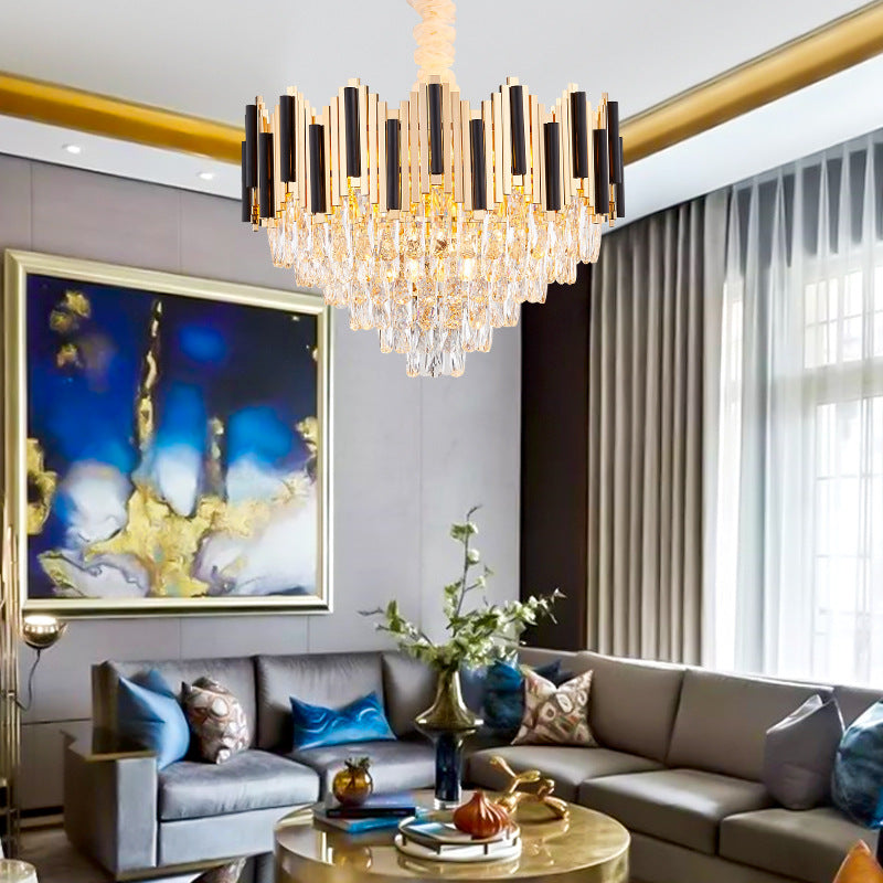 Contemporary Gold Multi Layer Ceiling Pendant Light with Crystal Prism - 6/10 Heads