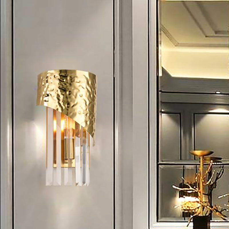 Modern Golden Metallic Wall Sconce With Crystal Block - Stylish Cylinder Light For Living Room