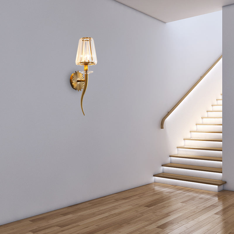 Modern Gold Wall Sconce Light With Crystal Prism - Clear Tapered Shade Ideal For Stairways